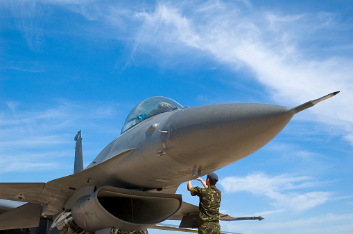 Bucharest, Romania - September 2, 2022: F-16 fighter of the Romanian Air Forces on the Aurel Vlaicu airport in Bucharest.