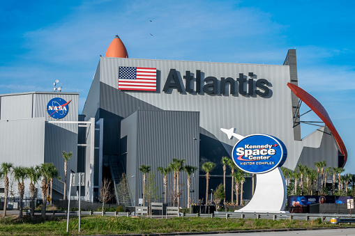Cape Canaveral, Florida, USA - March 30, 2018: Kennedy Space Center Visitors Complex offers tours, exhibits, and historical displays.