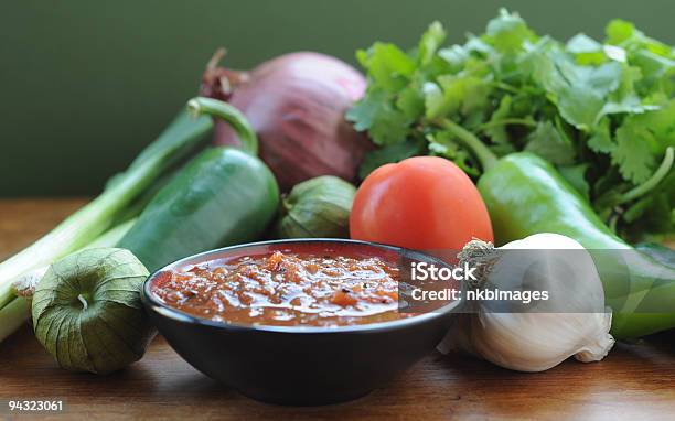 Salsa With Fresh Vegetable Ingredients Stock Photo - Download Image Now - Cilantro, Color Image, Focus On Foreground