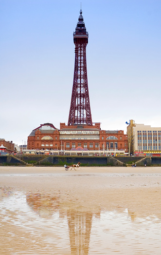 A view along the Blackpool Pleasure Beach coast. Stunning views of the sand, attractions, Blackpool Tower etc
