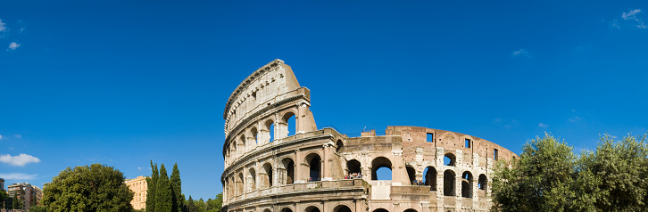 Close up of part of the Colosseum in Rome, Italy, an elliptical amphitheatre in the centre just east of the Roman Forum