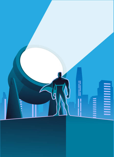 vektor-superheld mit licht signal und stadt skyline im hintergrund - searchlight stock-grafiken, -clipart, -cartoons und -symbole