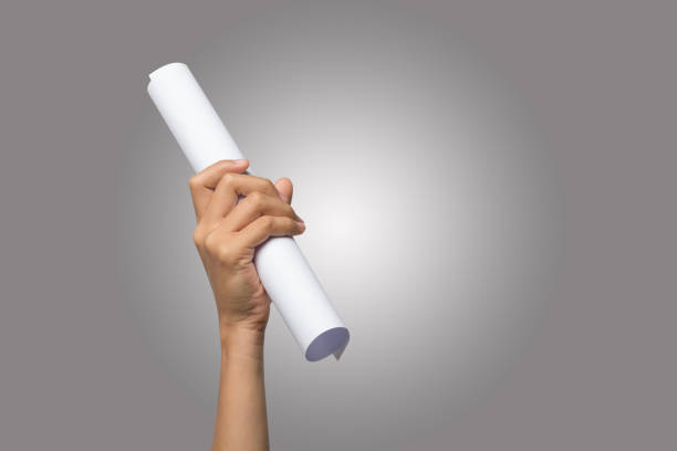 Close Up of hand holding paper roll isolated on white background. stock photo