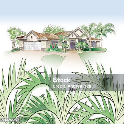 istock Tropical Real Estate Design Template with Southern-Style House, Palm Trees and Lush Foliage 943265496