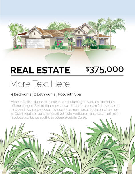 illustrazioni stock, clip art, cartoni animati e icone di tendenza di modello di design immobiliare tropicale con casa in stile meridionale, palme e fogliame lussureggiante - real estate vertical usa the americas