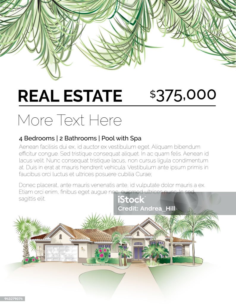 Tropical Real Estate Design Template with Southern-Style House, Palm Trees and Lush Foliage Florida - US State stock vector