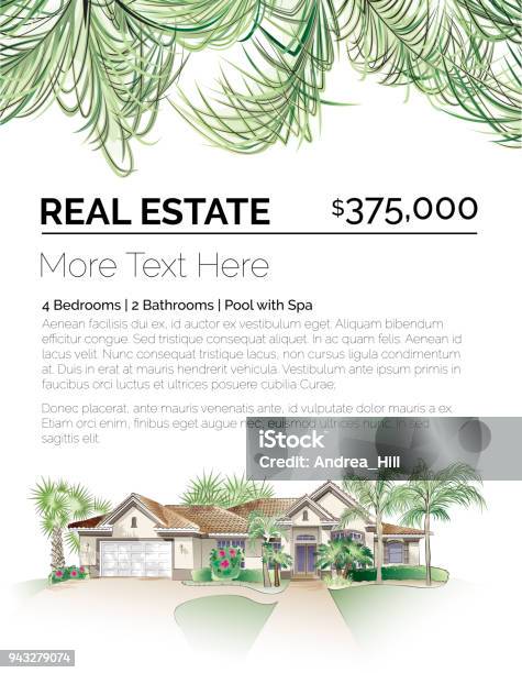 Tropical Real Estate Design Template With Southernstyle House Palm Trees And Lush Foliage Stock Illustration - Download Image Now