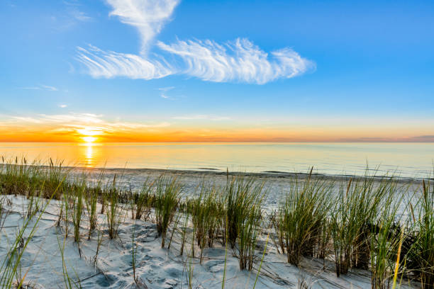 istock Sandy beach and sunset sky with golden sun shining on white sand 943279244