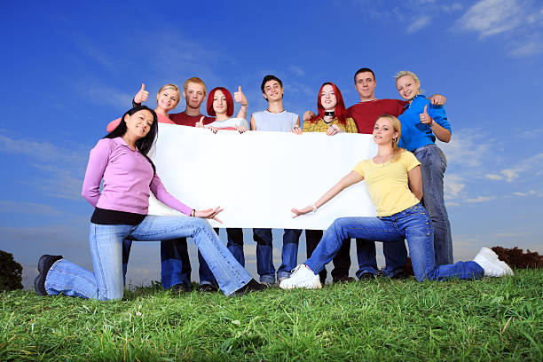 istock Big group of people holding placard. 94328252