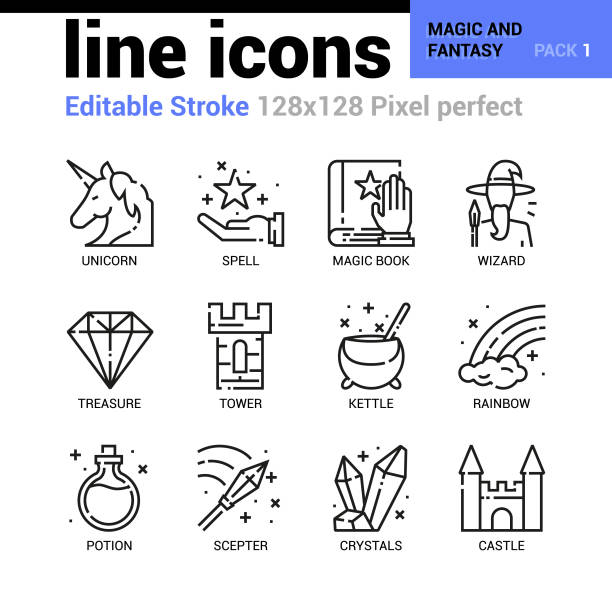 Magic and fantasy line icons set - Editable Stroke, Pixel perfect thin line vector icons for web design and website application. Magic and fantasy line icons set - Editable Stroke, Pixel perfect thin line vector icons for web design and website application. sceptre stock illustrations