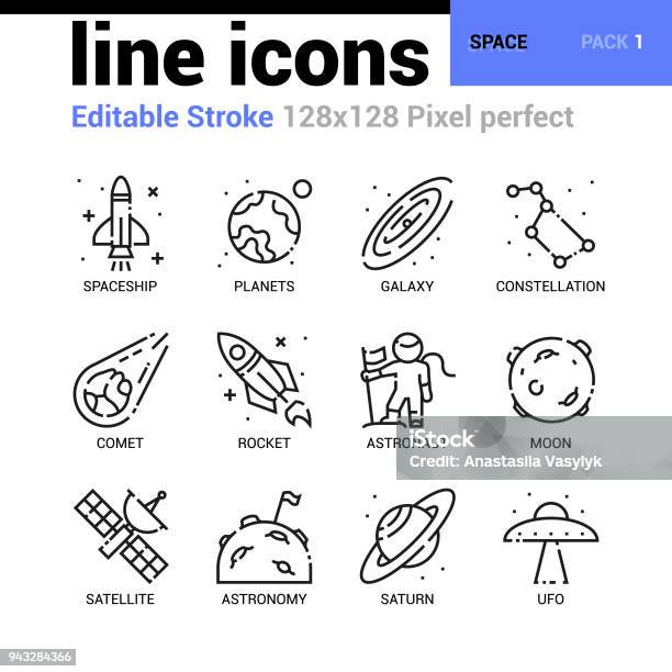 Zestaw Ikon Linii Spacji Edytowalny Obrys Ikony Wektora Cienkiej Linii Pixel Do Projektowania Stron Internetowych I Aplikacji Internetowej - Stockowe grafiki wektorowe i więcej obrazów Ikona
