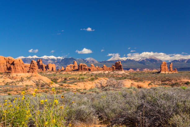 istock Scenery in the Arches National Park, Utah, with Mesa Arch under warm sunrise light 943289664