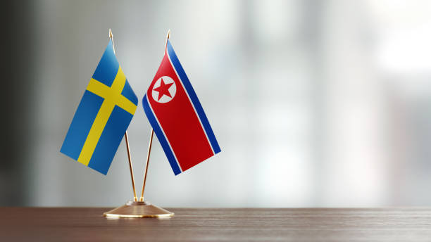 istock Swedish And North Korean Flag Pair On A Desk Over Defocused Background 943292548