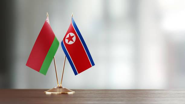 istock Belarus And North Korean Flag Pair On A Desk Over Defocused Background 943292920