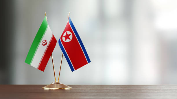 istock Iranian And North Korean Flag Pair On A Desk Over Defocused Background 943293370