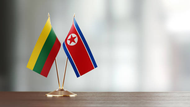istock Lithuanian And North Korean Flag Pair On A Desk Over Defocused Background 943295928