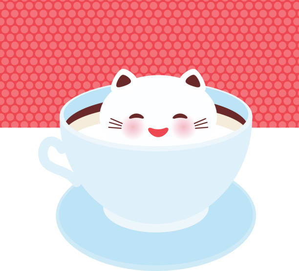 白ピンク水玉壁背景に分離された泡アート コーヒーの青いカップのかわいい河合猫。カフェラテ アート 3 d。ホット コーヒーやチョコレートのカップに牛乳発泡トップ。ベクトル - hot chocolate coffee isolated on white cup点のイラスト素材／クリップアート素材／マンガ素材／アイコン素材