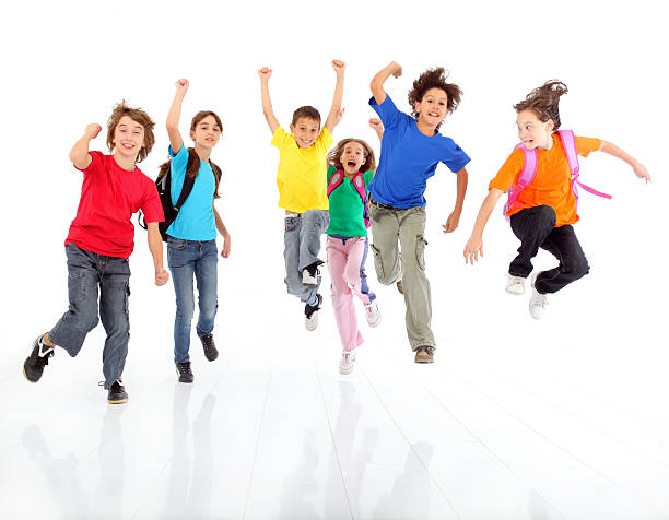 istock Jumping children, dressed colorful. 94329732