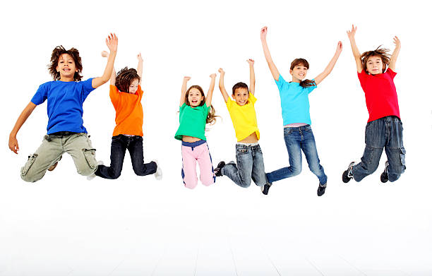 istock Jumping children, dressed colorful. 94329903