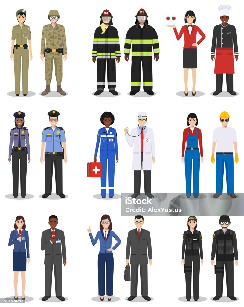 People occupation characters set in flat style isolated on white background. Different men and women professions characters standing together. Templates for infographic, sites, social networks. Vector People occupation characters set in flat style isolated on white background. Flat vector icons on white background. Templates for infographic, sites, banners, social networks. Vector illustration. Police Force stock vector