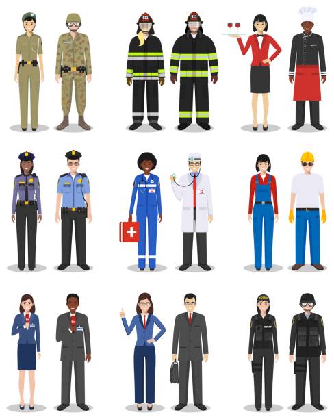 People occupation characters set in flat style isolated on white background. Different men and women professions characters standing together. Templates for infographic, sites, social networks. Vector People occupation characters set in flat style isolated on white background. Flat vector icons on white background. Templates for infographic, sites, banners, social networks. Vector illustration. police and firemen stock illustrations