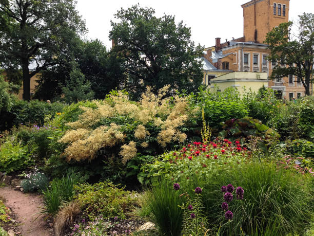 Blooming flower beds in the Botanical garden on the background of old brick buildings