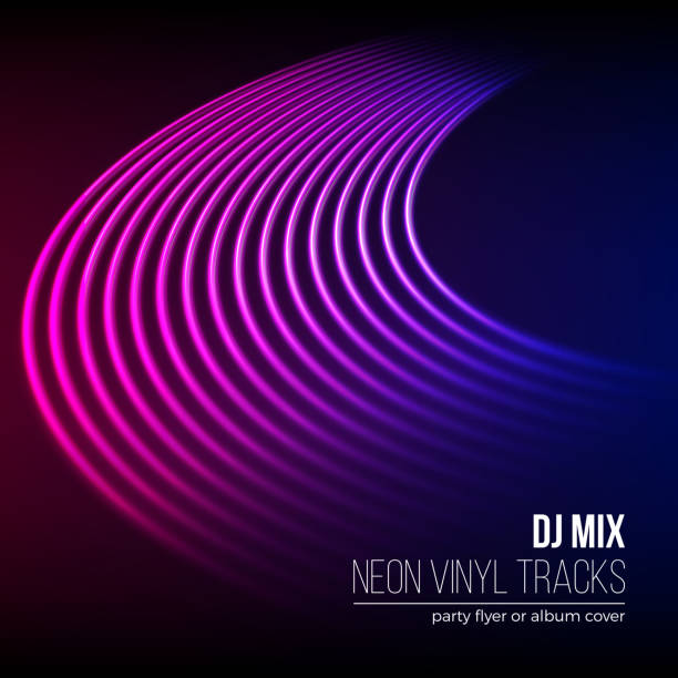 Vinyl grooves as neon lines background. With 80s vapor wave style for dj mix cover Vinyl grooves as neon lines background. 80s vapor wave style for dj mix cover grooved stock illustrations