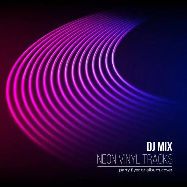 Vector illustration of Vinyl grooves as neon lines background. With 80s vapor wave style for dj mix cover