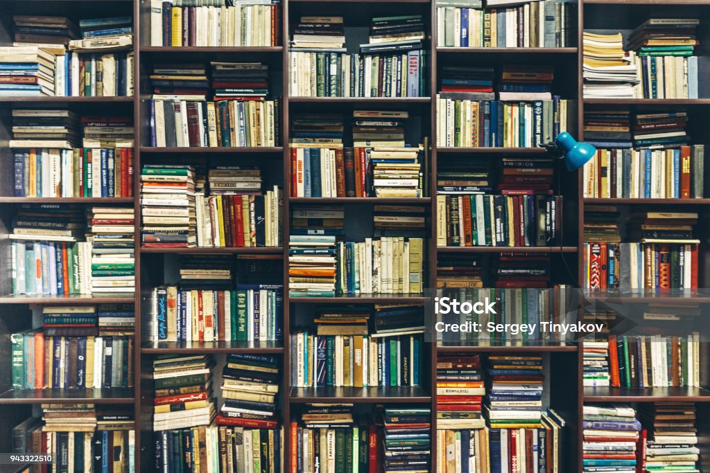 Bookstore. Public Old Library. Creativity Concept Book shelves in library. Creativity Background Concept Book Stock Photo