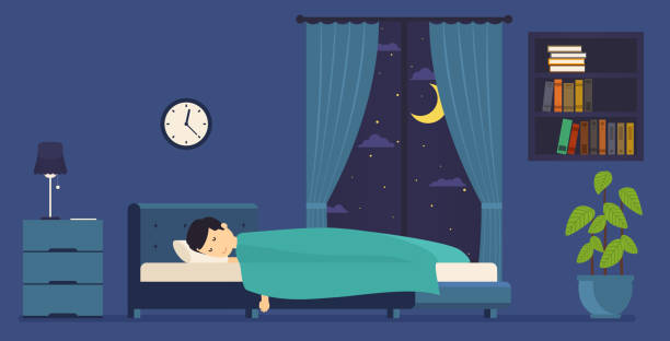 ilustrações, clipart, desenhos animados e ícones de homem dorme na cama. quarto com uma janela durante a noite. - bed bedroom cartoon furniture