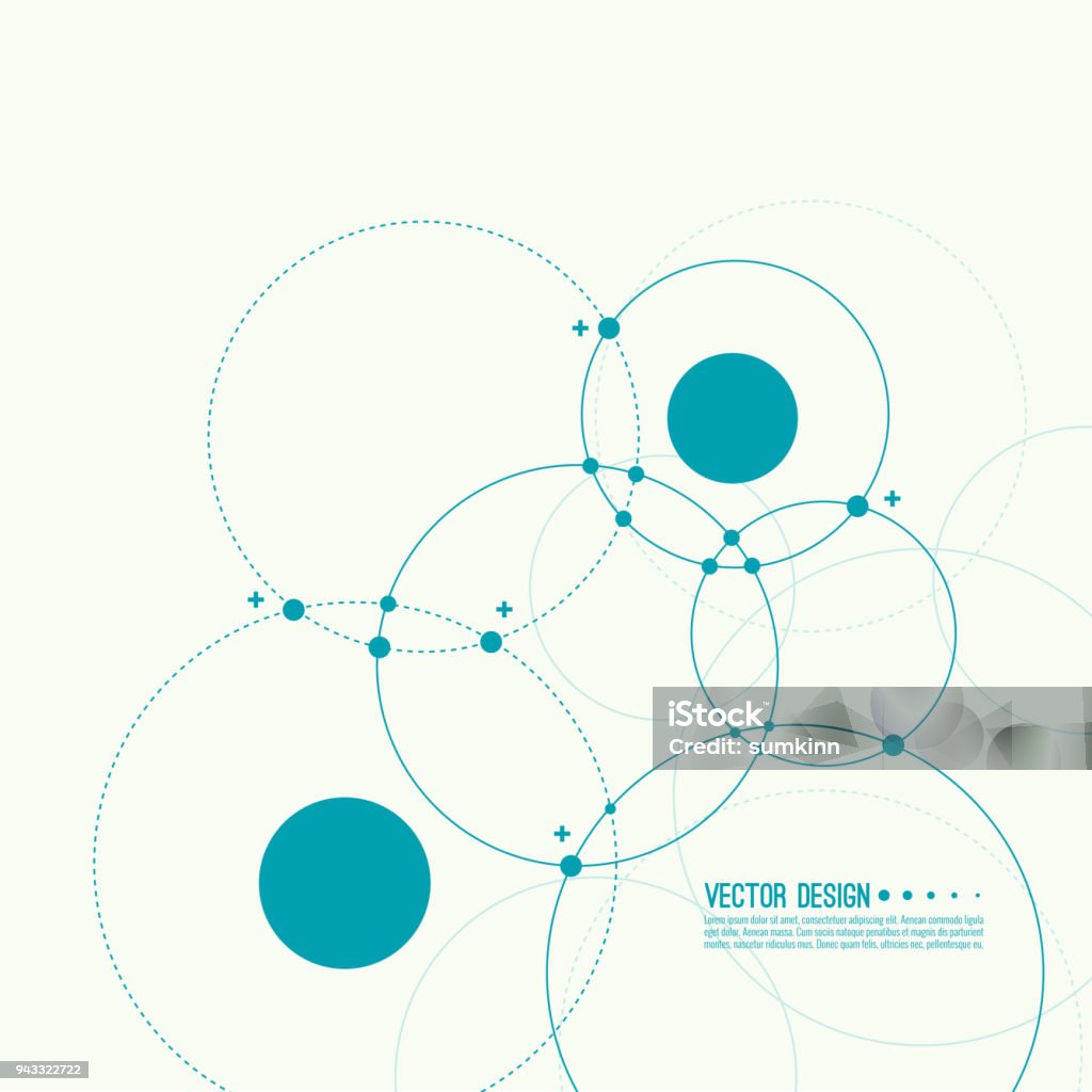 Vector abstract background. Vector abstract background with overlapping circles and dots. Chaotic motion. Round banner with empty space for text. Node molecule structure. Science and connection concept. Circle stock vector