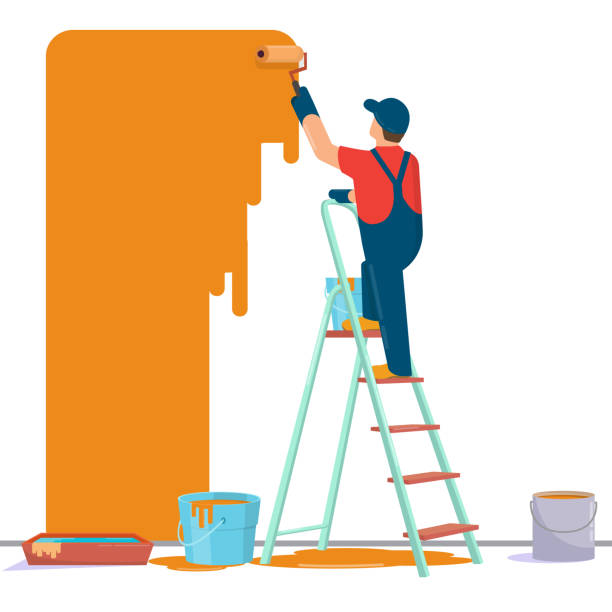 ilustraciones, imágenes clip art, dibujos animados e iconos de stock de pared pintor pintura - house painter painting paint wall