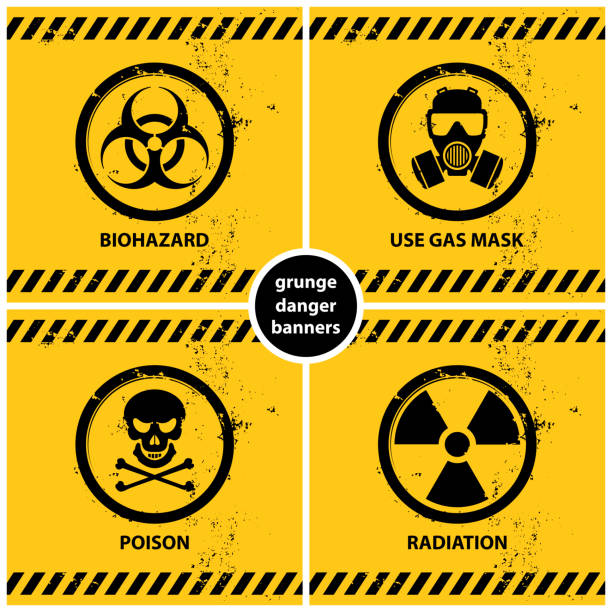 set of grunge danger banners set of grunge danger banners containing four official international hazard symbols, eps10 vector illustration nuclear symbol stock illustrations