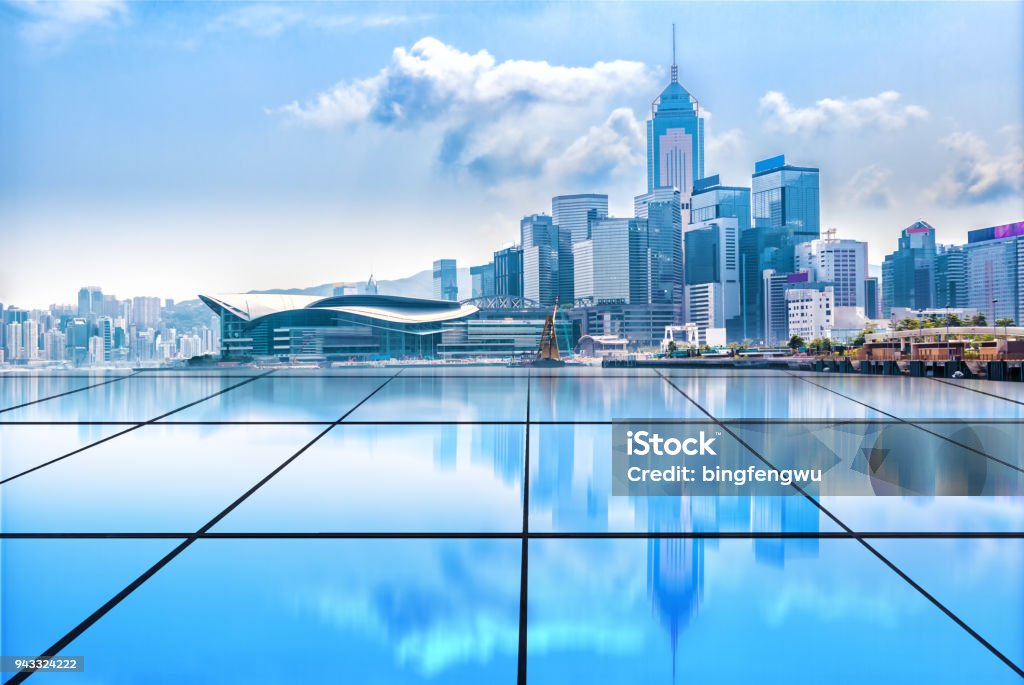 Hong Kong Puerto de Victoria construcción de grupo y pie de vidrio Resumen - Foto de stock de Hong Kong libre de derechos
