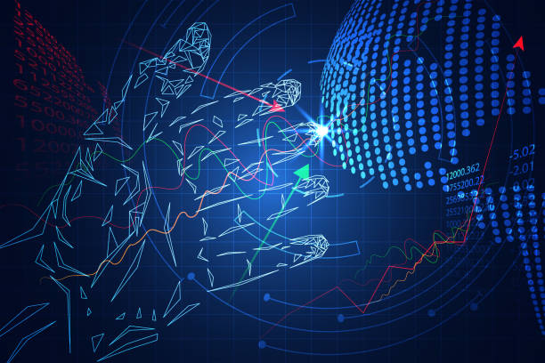 istock abstract technology business play stock market consist: hands hi tech blue , Graph line up and down, world digital map dot. 943324310