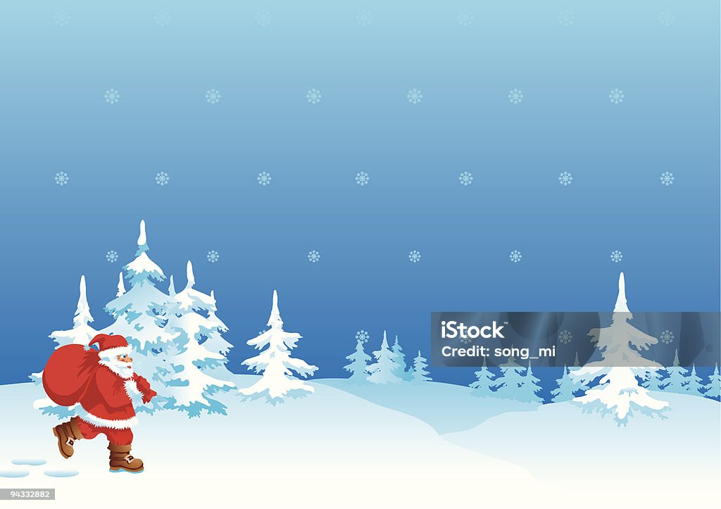 Santa Claus hurries for Merry Christmas Santa Claus with red gift bag goes through winter forest Adult stock vector