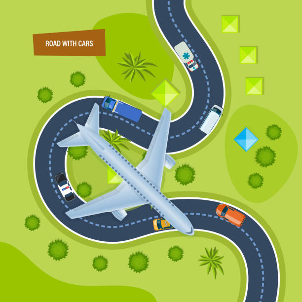 ilustrações de stock, clip art, desenhos animados e ícones de road with cars. moving cars on road. airplane in city - road top view