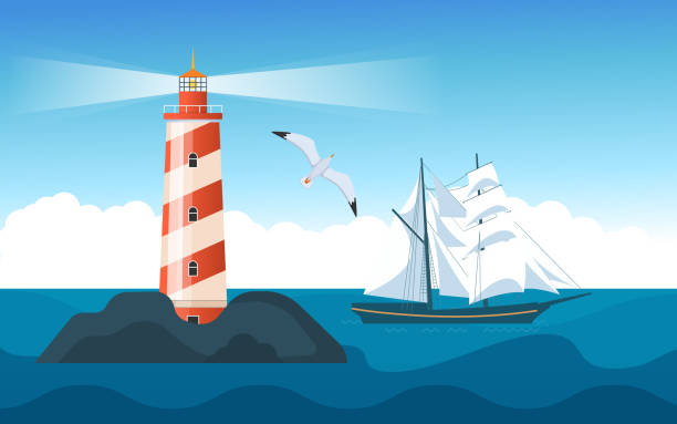 illustrazioni stock, clip art, cartoni animati e icone di tendenza di bellissima torre di faro a strisce rosse e bianche. seascape, nave - sea safety antenna radar