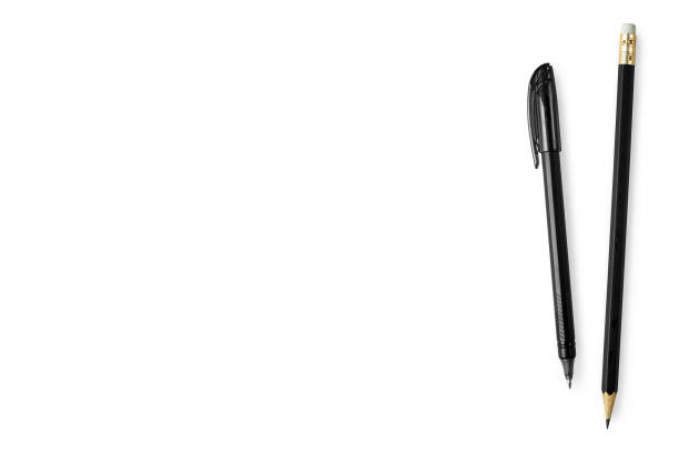istock Black pen and pencil are isolated on white background. Top view with copy space, flat lay. 943337856