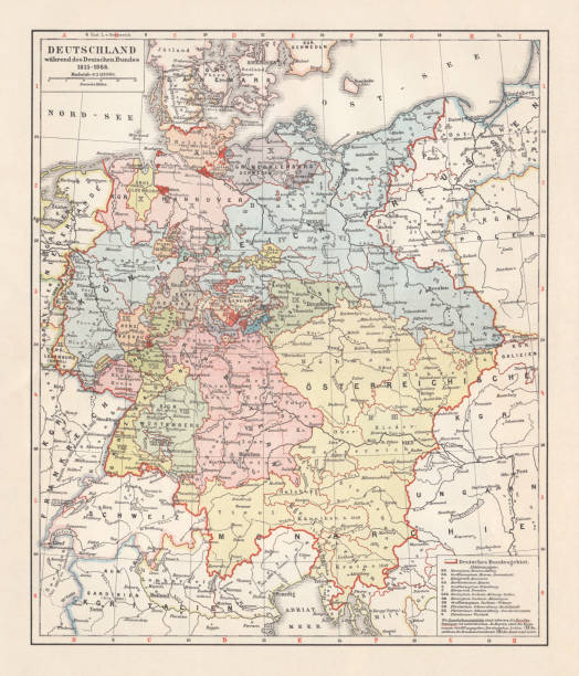 Map of the German Confederation (1815-1866), lithograph, published in 1897 Map of the German Confederation between 1815 and 1866. Lithograph, published in 1897. prussia stock illustrations