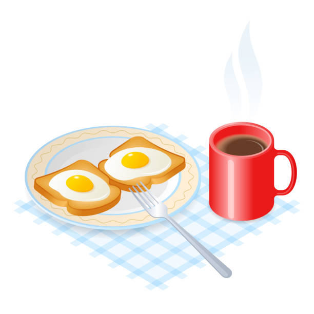 flache isometrische darstellung der platte mit eiern auf toast. - fork plate isolated scrambled eggs stock-grafiken, -clipart, -cartoons und -symbole