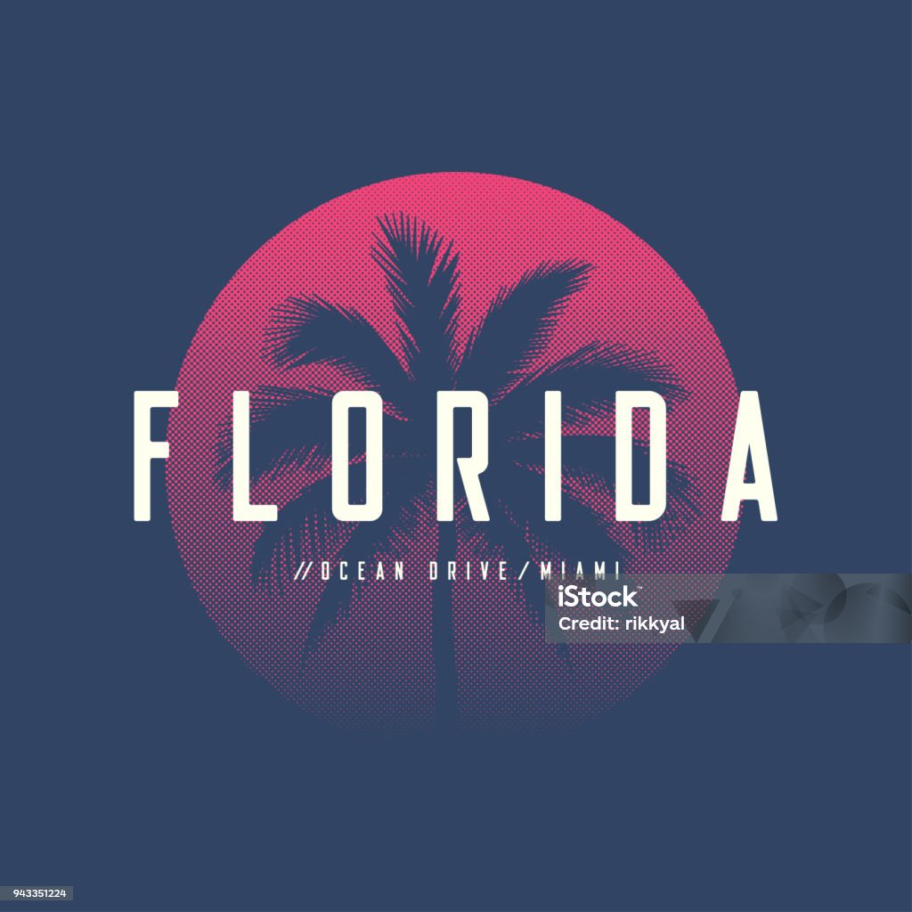 Florida Miami Ocean Drive diseño t-shirts y prendas de vestir con palmera y sol halftoned vector Ilustración, tipografía, impresión, símbolo, cartel. - arte vectorial de Florida - Estados Unidos libre de derechos