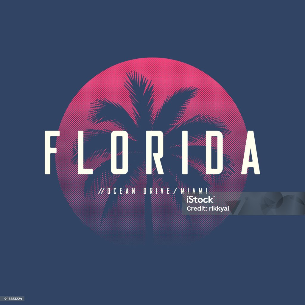 T-shirt e design dell'abbigliamento Florida Miami Ocean Drive con palma e sole mezzitoni, illustrazione vettoriale, tipografia, stampa, simbolo, poster. - arte vettoriale royalty-free di Florida - Stati Uniti