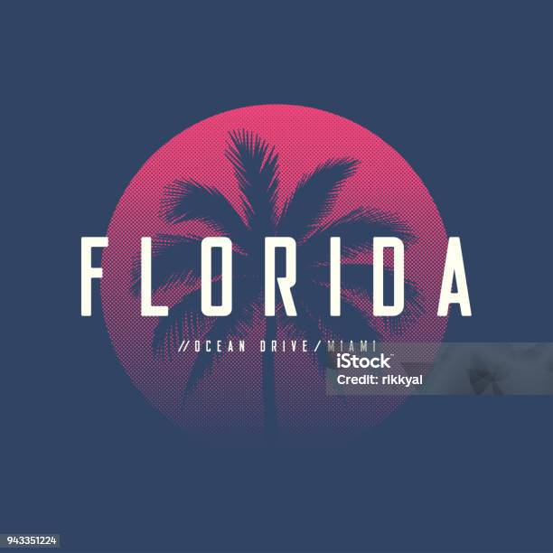 Tshirt E Design Dellabbigliamento Florida Miami Ocean Drive Con Palma E Sole Mezzitoni Illustrazione Vettoriale Tipografia Stampa Simbolo Poster - Immagini vettoriali stock e altre immagini di Florida - Stati Uniti