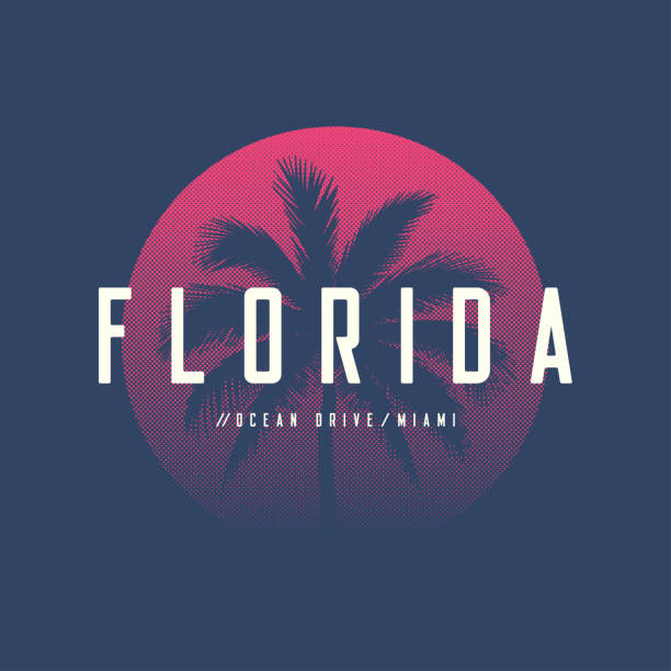 Florida Miami Ocean Drive t-shirt and apparel design with palm tree and halftoned sun, vector illustration, typography, print, symbol, poster. Florida Miami Ocean Drive t-shirt and apparel design with palm tree and halftoned sun, vector illustration, typography, print, symbol, poster. Global swatches. florida stock illustrations