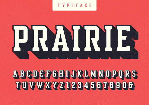 Prairie vector condensed retro typeface, uppercase letters and numbers, alphabet, font, typography. Global swatches