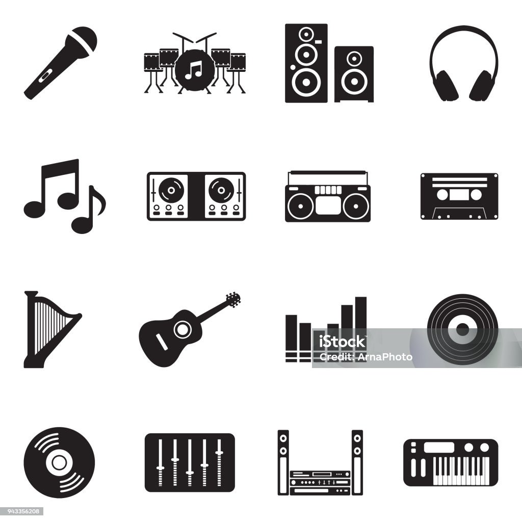 Music Icons. Black Flat Design. Vector Illustration. Tape, Fun, Art, Music, Sound, Loud. Icon Symbol stock vector