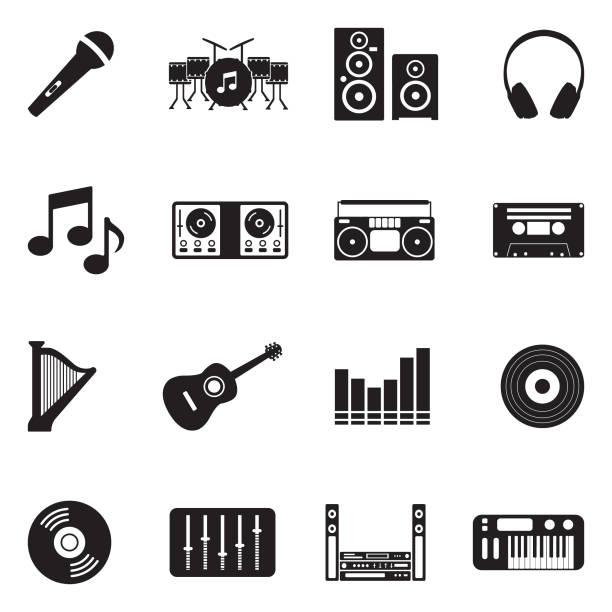 Music Icons. Black Flat Design. Vector Illustration. Tape, Fun, Art, Music, Sound, Loud. guitar icons stock illustrations