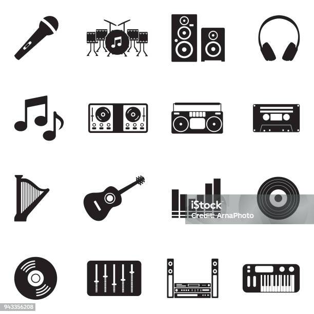 Music Icons Black Flat Design Vector Illustration Stock Illustration - Download Image Now