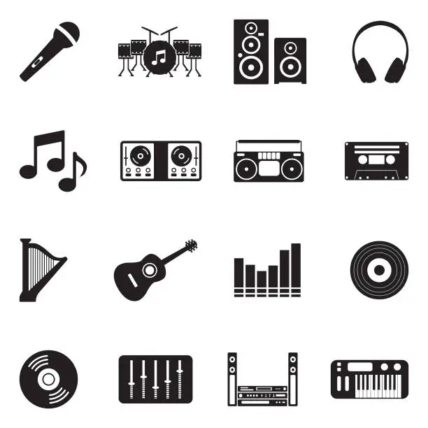 Vector illustration of Music Icons. Black Flat Design. Vector Illustration.